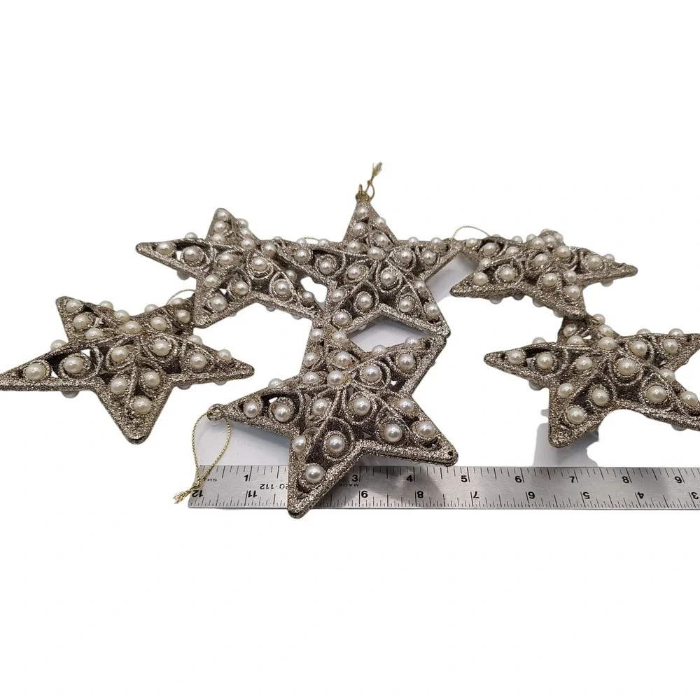 Glitter Christmas Ornaments Silver Gold‎ Tone Faux Pearl Beads 3D Set of Six